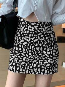 Falda recta con estampado - Blanco y Negro - Ver 1
