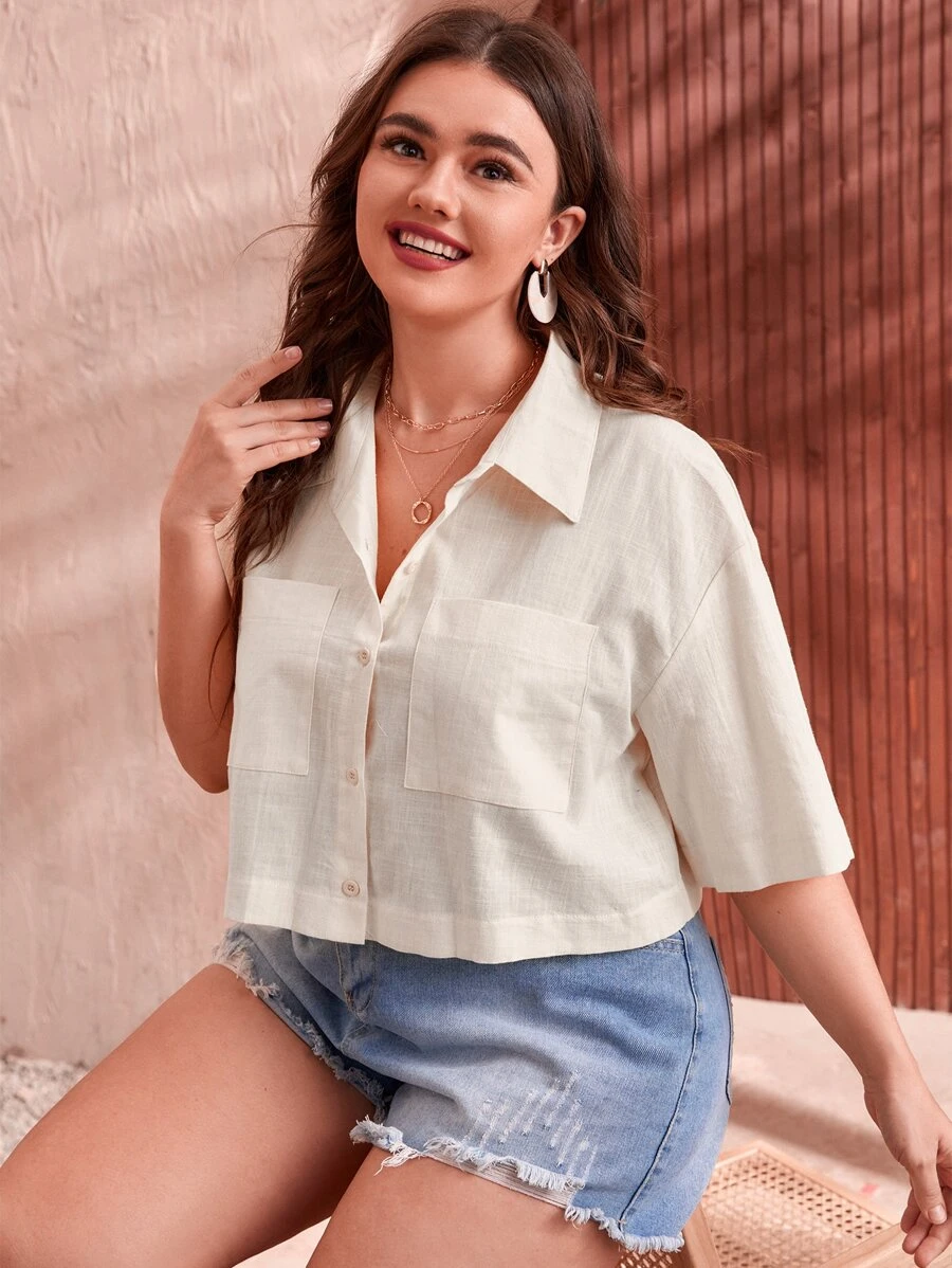 SHEIN Unity Camisa con parche con bolsillo de hombros caídos - Albaricoque - Ver 1