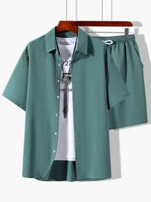 Manfinity Homme Men Solid Shirt & Drawstring Waist Shorts Without Tee - Green - View 1