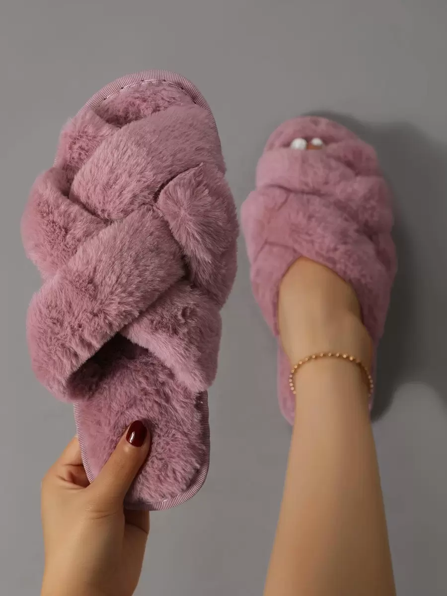 女式粉紅時尚拼接素色臥室拖鞋，搭配編織細節與模糊臥室文字 - 粉色 - 查看 1