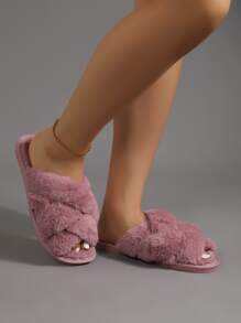 女式粉紅時尚拼接素色臥室拖鞋，搭配編織細節與模糊臥室文字 - 粉色 - 查看 4