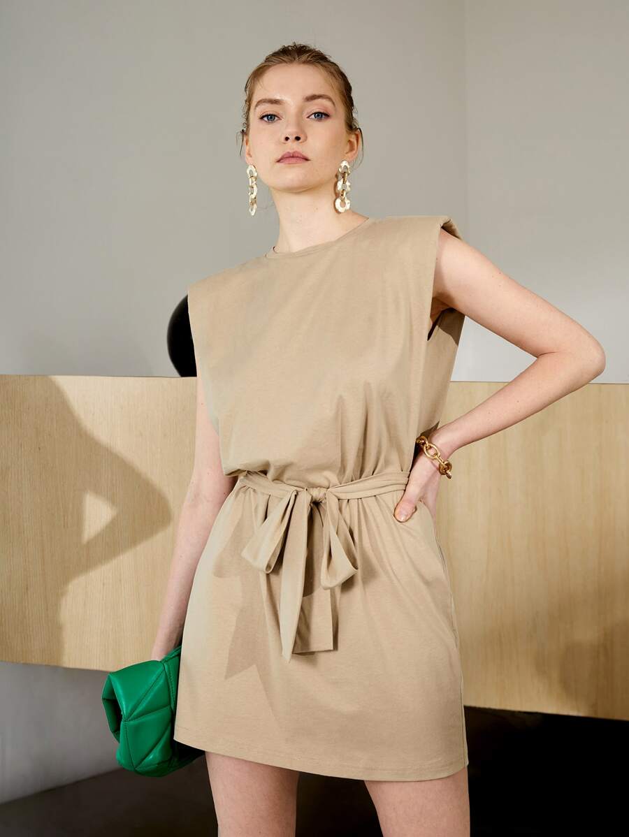 BizChic Shoulder Pads Belted Dress - Khaki - View 1