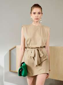 BizChic Shoulder Pads Belted Dress - Khaki - View 2