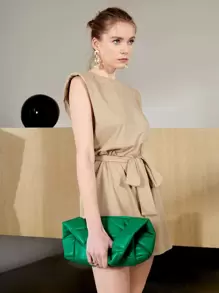 BizChic Shoulder Pads Belted Dress - Khaki - View 6