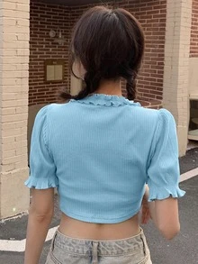 素色褶邊前繫帶短款上衣 - 淺藍色 - 查看 2