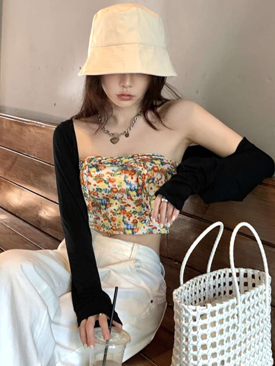 滿身花卉前繫帶短款抹胸帶上衣