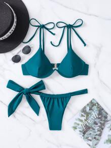 Bikini de tanga con tirantes de corbata y aros - Agua verde azul - Ver 4