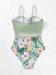 SHEIN Swim 夏季随机热带和菠萝印花聚拢连体泳衣 - 彩色 - 查看 4