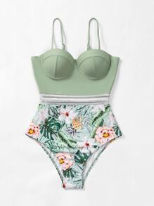 SHEIN Swim 夏季随机热带和菠萝印花聚拢连体泳衣 - 彩色 - 查看 5
