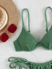 SHEIN Swim 紋理質感比基尼套裝鋼圈聚攏內衣和丁字褲下裝2入組泳衣 - 綠色 - 查看 5