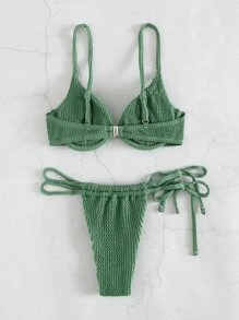 SHEIN Swim 紋理質感比基尼套裝鋼圈聚攏內衣和丁字褲下裝2入組泳衣 - 綠色 - 查看 6