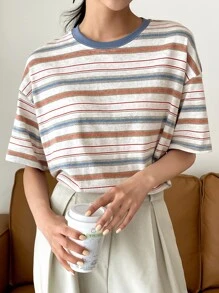 DAZY Camiseta de hombros caídos con bloque de rayas de verano, sobredimensionada - Multicolor - Ver 1