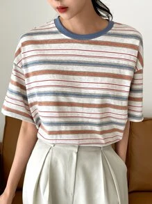 DAZY Camiseta de hombros caídos con bloque de rayas de verano, sobredimensionada - Multicolor - Ver 3