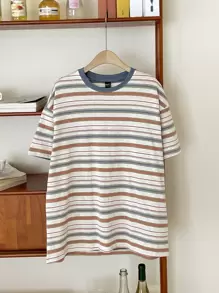 DAZY Camiseta de hombros caídos con bloque de rayas de verano, sobredimensionada - Multicolor - Ver 4