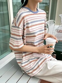 DAZY Camiseta de hombros caídos con bloque de rayas de verano, sobredimensionada - Multicolor - Ver 5