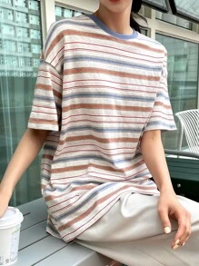 DAZY Camiseta de hombros caídos con bloque de rayas de verano, sobredimensionada - Multicolor - Ver 7