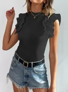 Chiquease Mock Neck Ruffle Trim Tee - Black - View 3