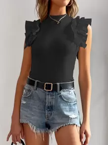 Chiquease Mock Neck Ruffle Trim Tee - Black - View 6