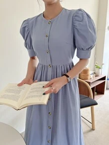 DAZY Puff Sleeve Button Through Tie Back Dress Sundress