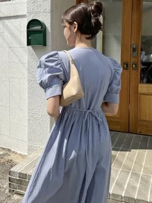DAZY Puff Sleeve Button Through Tie Back Dress Sundress