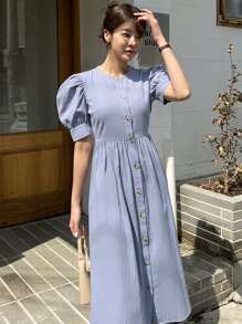 DAZY Puff Sleeve Button Through Tie Back Dress Sundress