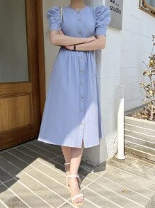 DAZY Puff Sleeve Button Through Tie Back Dress Sundress