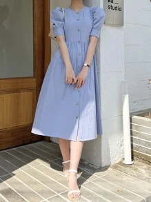 DAZY Puff Sleeve Button Through Tie Back Dress Sundress