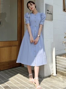 DAZY Puff Sleeve Button Through Tie Back Dress Sundress
