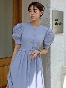 DAZY Puff Sleeve Button Through Tie Back Dress Sundress
