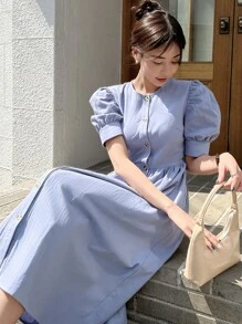 DAZY Puff Sleeve Button Through Tie Back Dress Sundress
