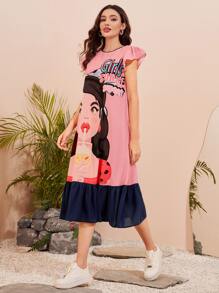 Seusyu Figure & Letter Graphic Butterfly Sleeve Ruffle Hem Dress - Multicolor - View 5
