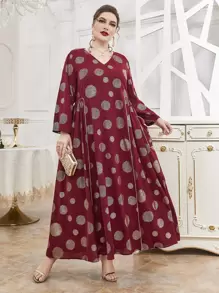 Plus Size Gold Print Contrast Piping Dress - Burgundy - View 1