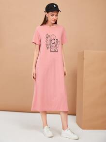 SHEIN Vestido estilo camiseta con estampado de letra japonesa y figura - Rosa vieja - Ver 1