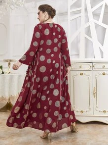 Plus Size Gold Print Contrast Piping Dress - Burgundy - View 2