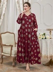 Plus Size Gold Print Contrast Piping Dress - Burgundy - View 3