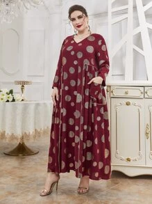 Plus Size Gold Print Contrast Piping Dress - Burgundy - View 4