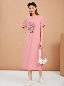 SHEIN Vestido estilo camiseta con estampado de letra japonesa y figura - Rosa vieja - Ver 5