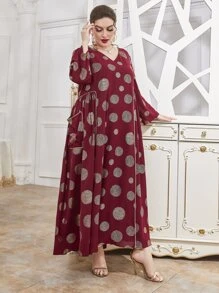 Plus Size Gold Print Contrast Piping Dress - Burgundy - View 5