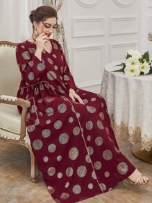 Plus Size Gold Print Contrast Piping Dress - Burgundy - View 6