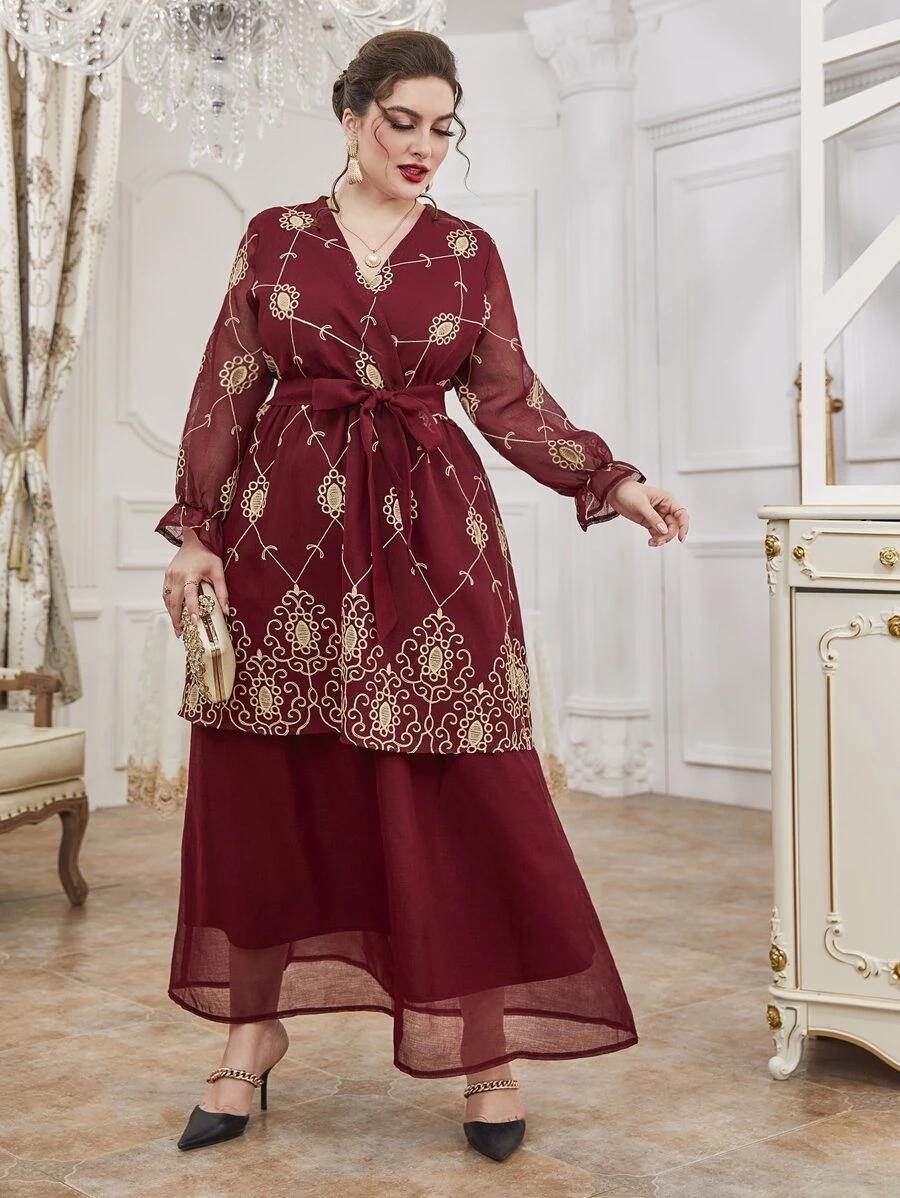 Plus Random Embroidery Flounce Sleeve Two Layer Hem Belted Dress - Burgundy - View 1