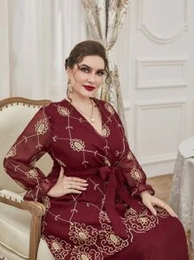 Plus Random Embroidery Flounce Sleeve Two Layer Hem Belted Dress - Burgundy - View 6