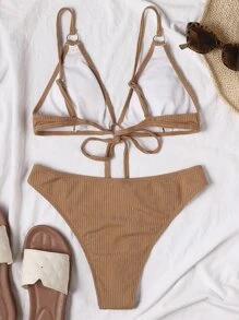 Ring Linked Tie Back Bikini Set, For Summer Beach Vacation - Camel - View 2