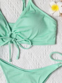 纯色罗纹抽绳比基尼套装，适合夏季海滩度假 - 薄荷藍 - 查看 4