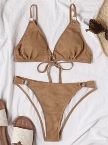 Ring Linked Tie Back Bikini Set, For Summer Beach Vacation - Camel - View 3