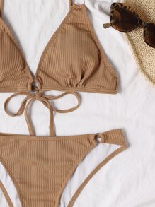Ring Linked Tie Back Bikini Set, For Summer Beach Vacation - Camel - View 4