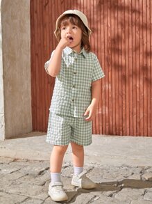 SHEIN 小男童格子圖案前紐扣襯衫和短褲 - 彩色 - 查看 2