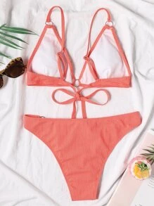 Summer Ribbed Bikini Set Ring Linked Tie Back Bra & High Cut Bottom 2 Pieces Bathing Suit - Watermelon Pink - View 2
