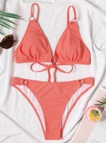Summer Ribbed Bikini Set Ring Linked Tie Back Bra & High Cut Bottom 2 Pieces Bathing Suit - Watermelon Pink - View 3