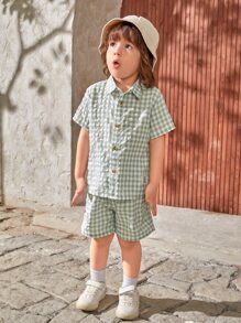 SHEIN 小男童格子圖案前紐扣襯衫和短褲 - 彩色 - 查看 3