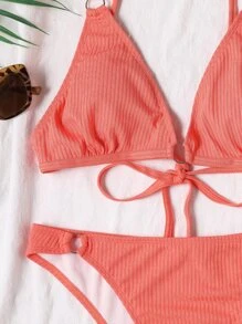 Summer Ribbed Bikini Set Ring Linked Tie Back Bra & High Cut Bottom 2 Pieces Bathing Suit - Watermelon Pink - View 4